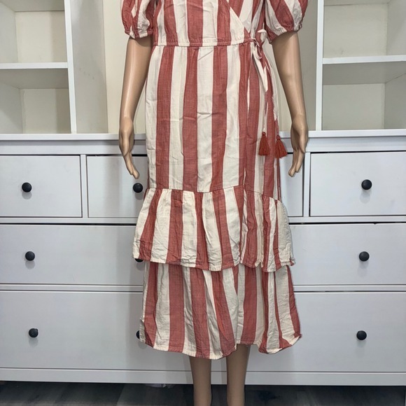 Knox Rose Striped Wrap Midi Dress Puff Sleeve Tiered Ruffle Waist Tie S - Picture 4 of 7